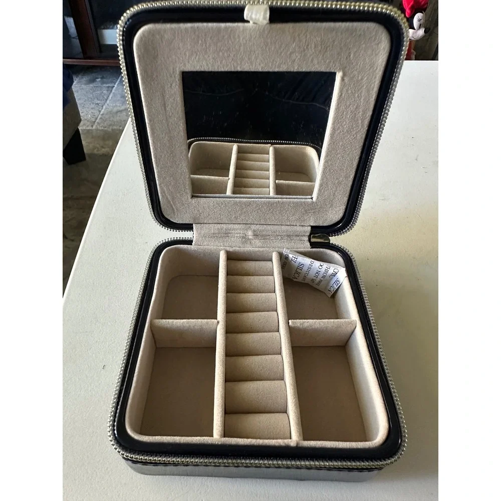 Navy Blue Patent Leather Jewelry Travel Organizer Box Mirror Zipper Compartments